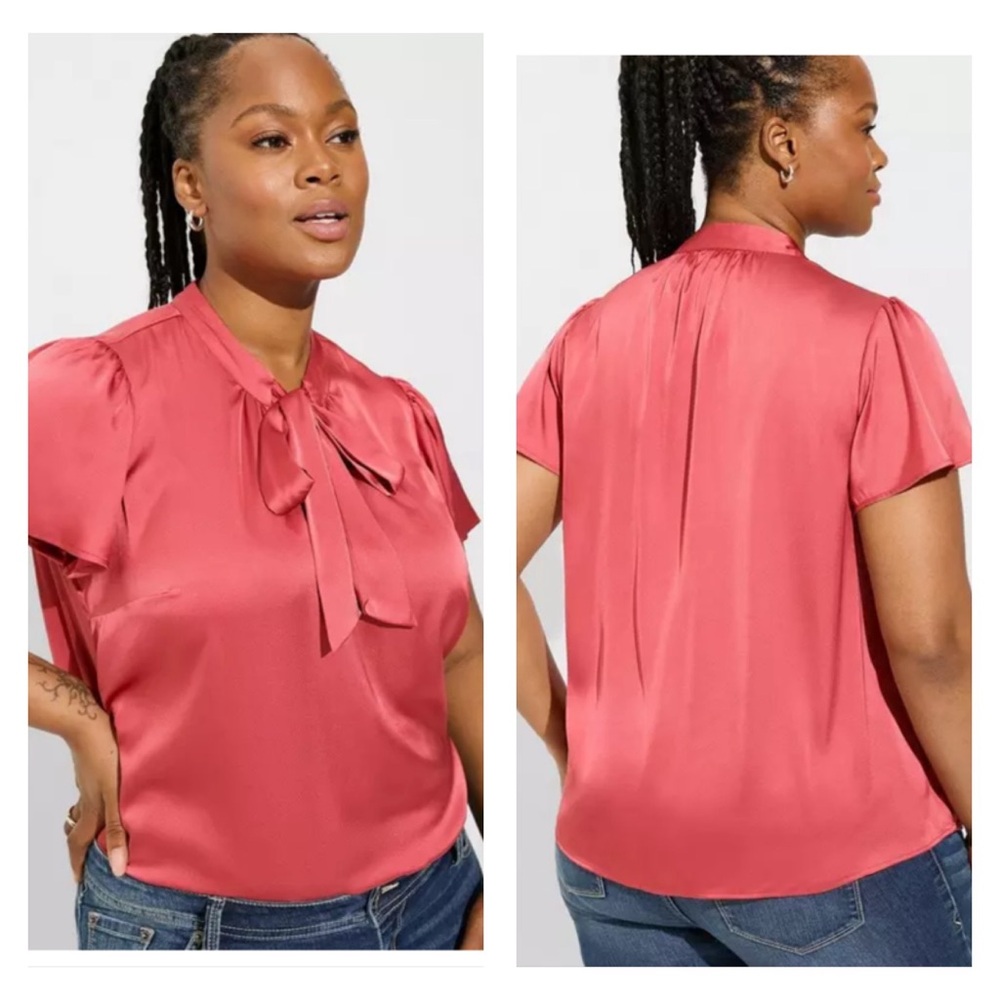 Torrid Satin Tie Front Neck Flutter Sleeve Blouse SZ 2X in‎ Holly Berry